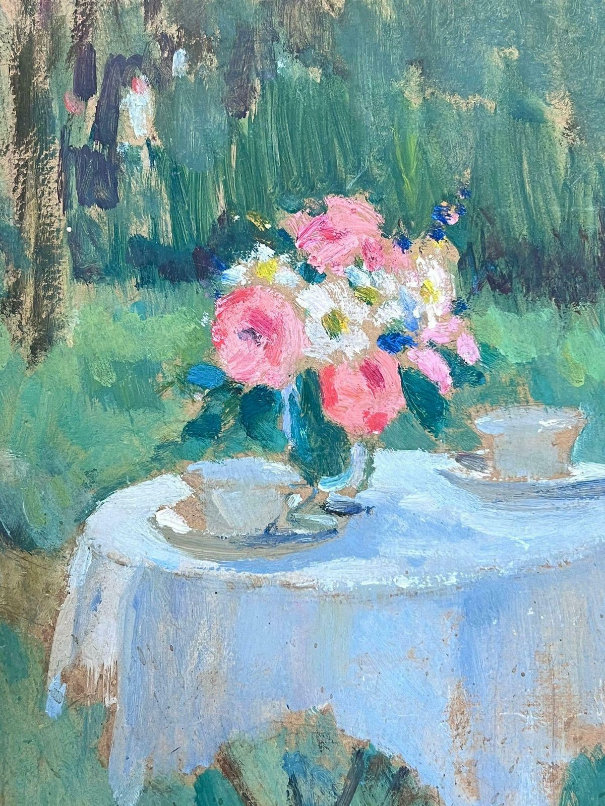 Louise Alix1930's French Impressionist Oil Roses On Table With Cup Double Sided Sketch 1930's photo furniture