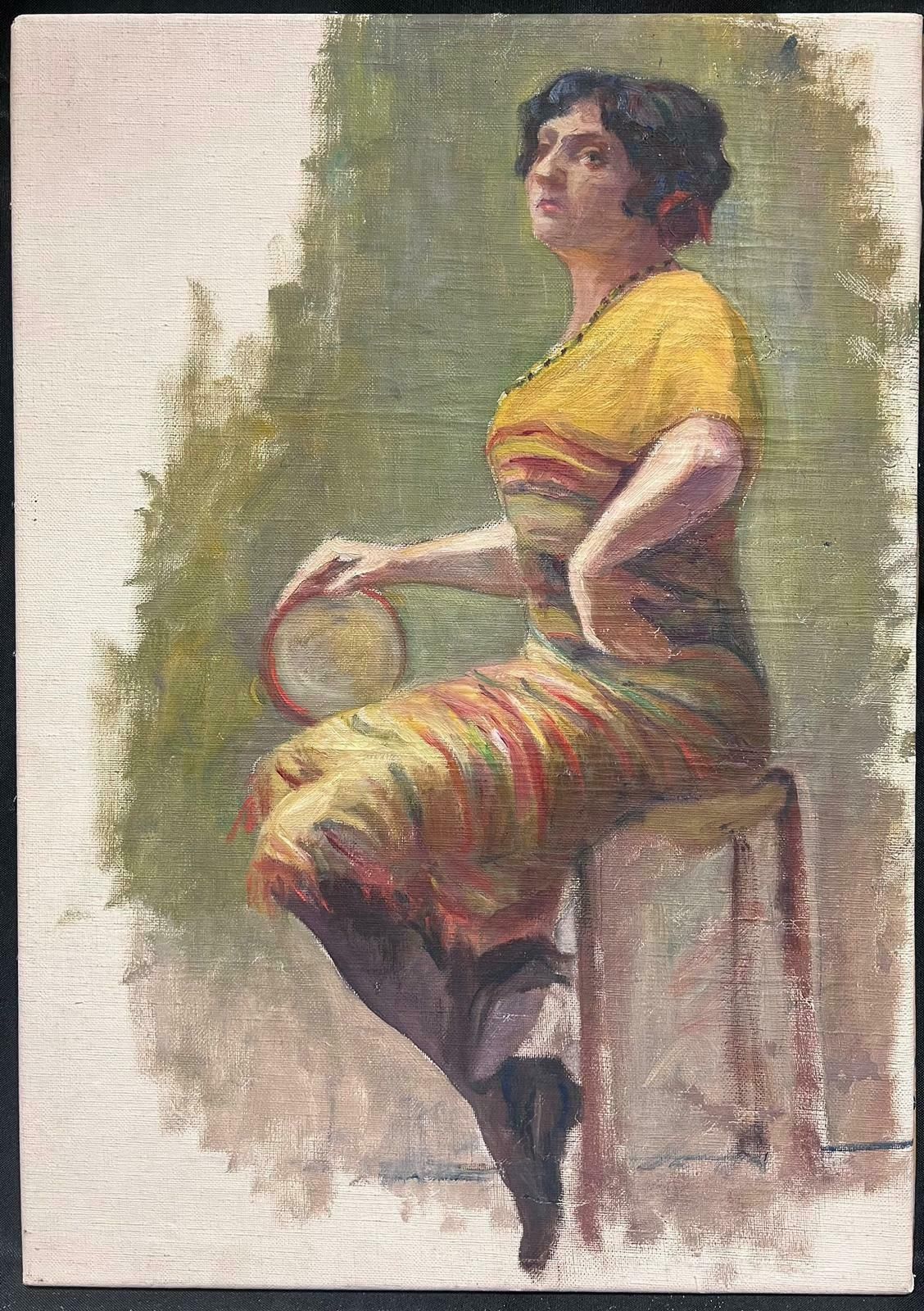 Louise Alix1930's French Impressionist Oil Painting Sketch Portrait Lady With Tambourine1930's photo furniture