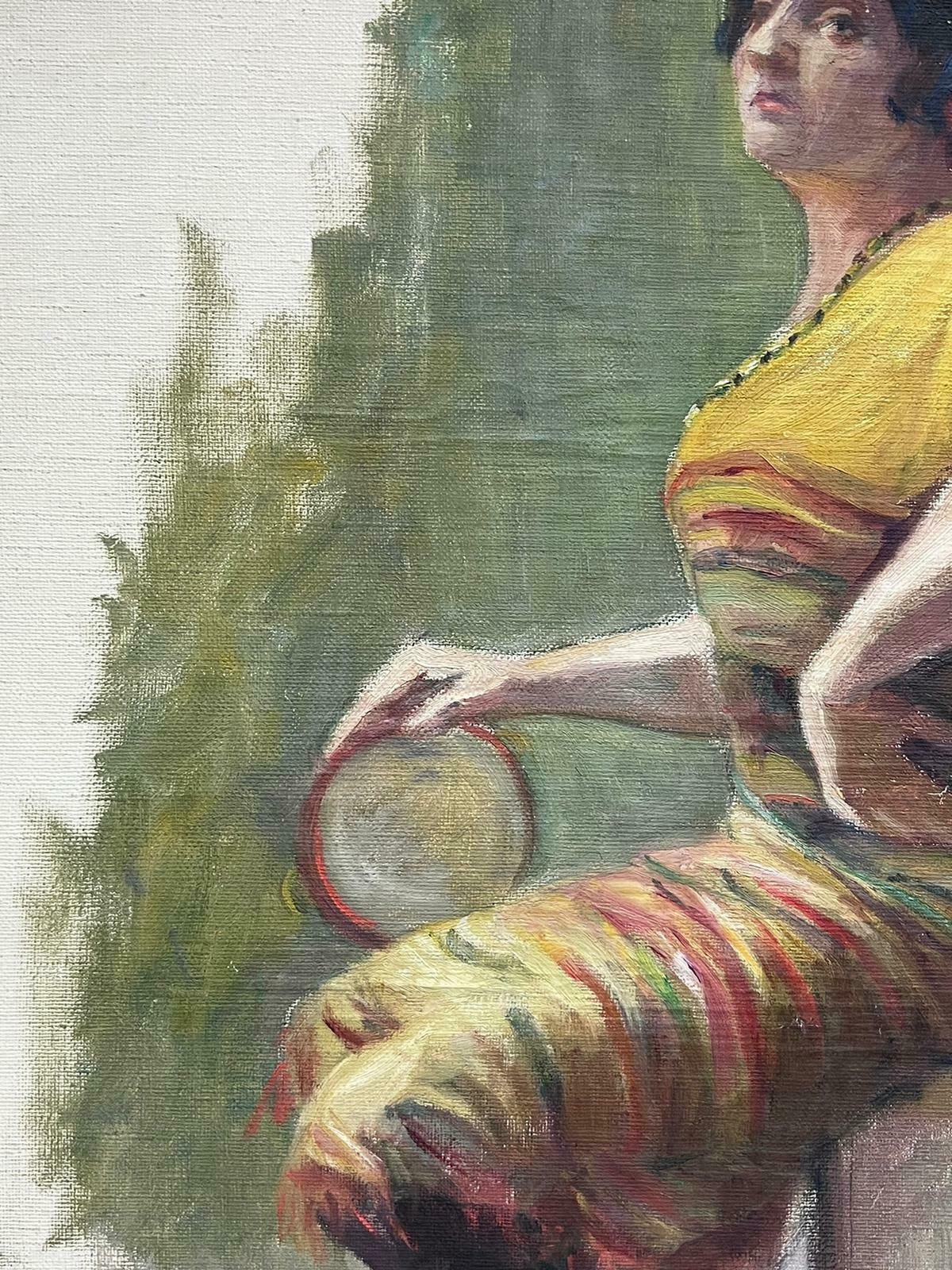 Louise Alix1930's French Impressionist Oil Painting Sketch Portrait Lady With Tambourine1930's photo for sale