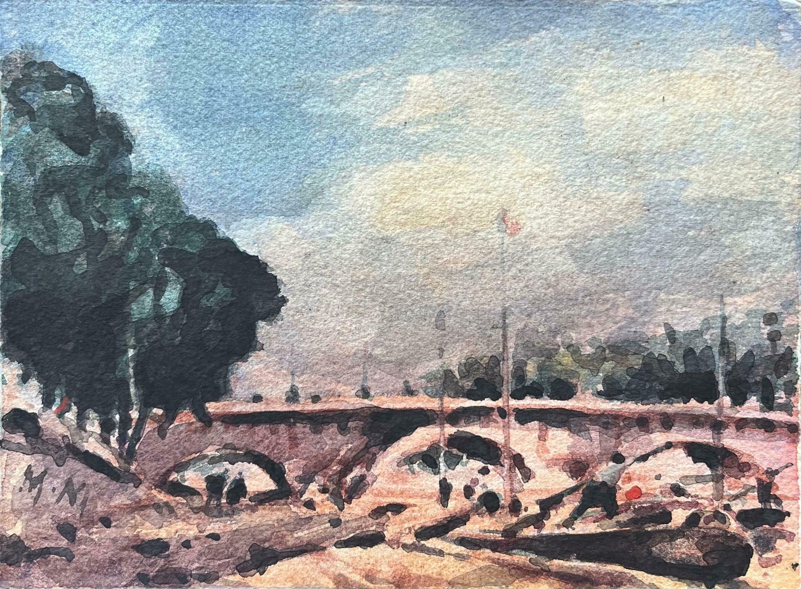 Maurice Mazeiliefrench Impressionist Watercolor Of Parisian Bridge Scene With Trees20th Century