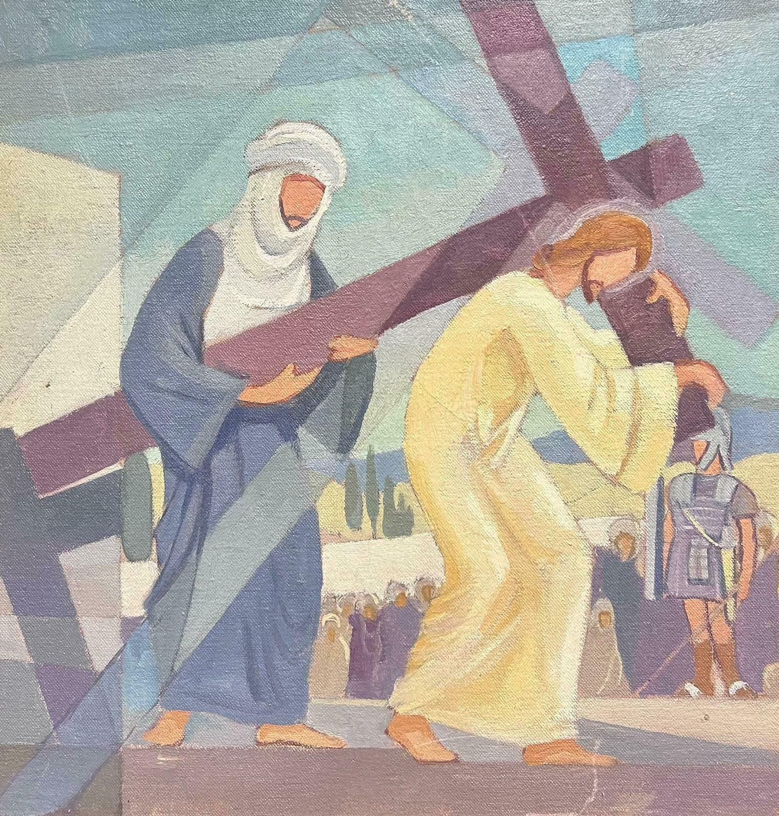 Jean Laforgue1950's French Cubist/ Modernist Oil Painting One Of The Stations Of The Cross 1950's