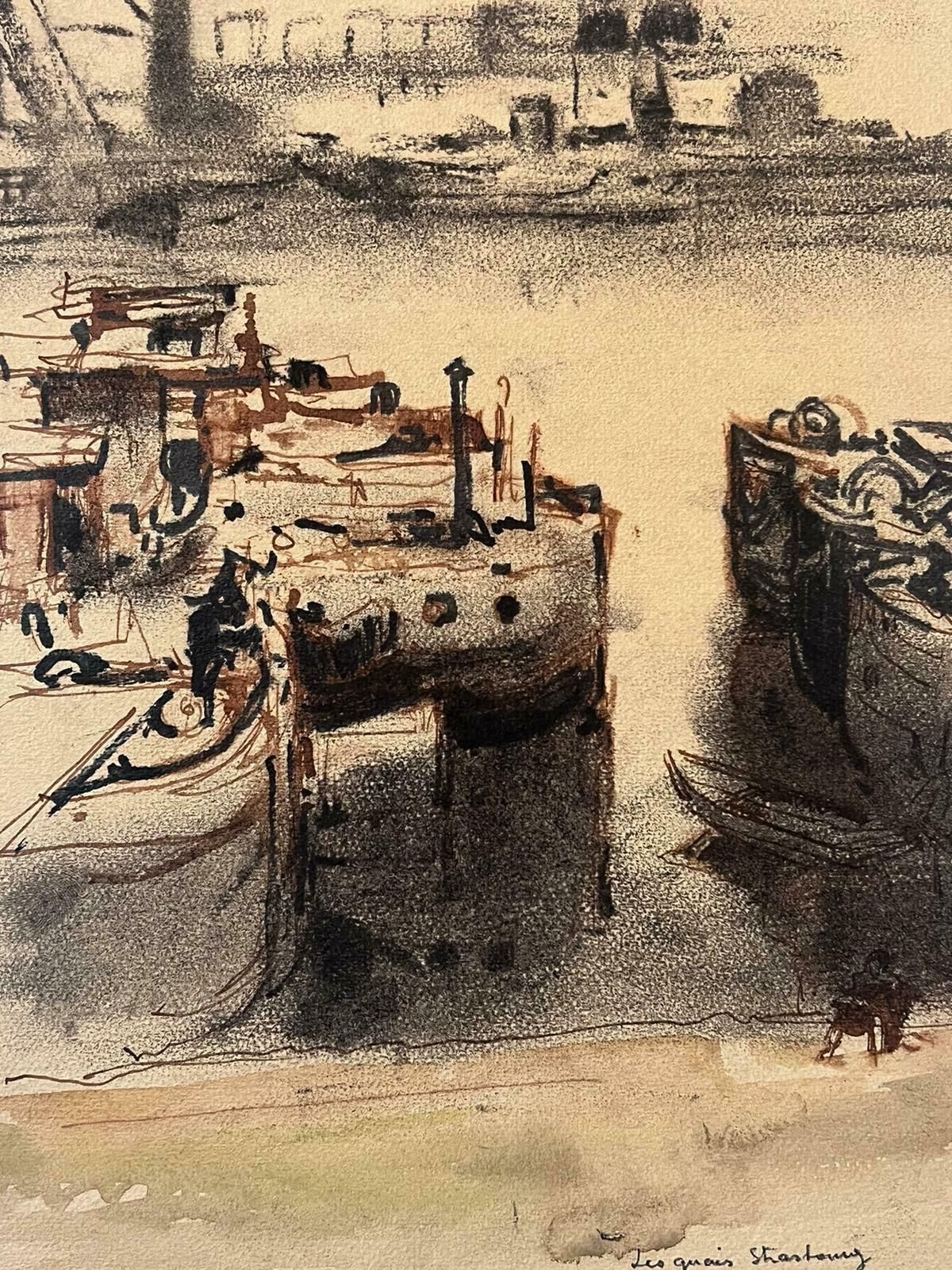 Jean Laforguemid 20th Century French Signed Painting Dark Boats At The Dock photo 610.0