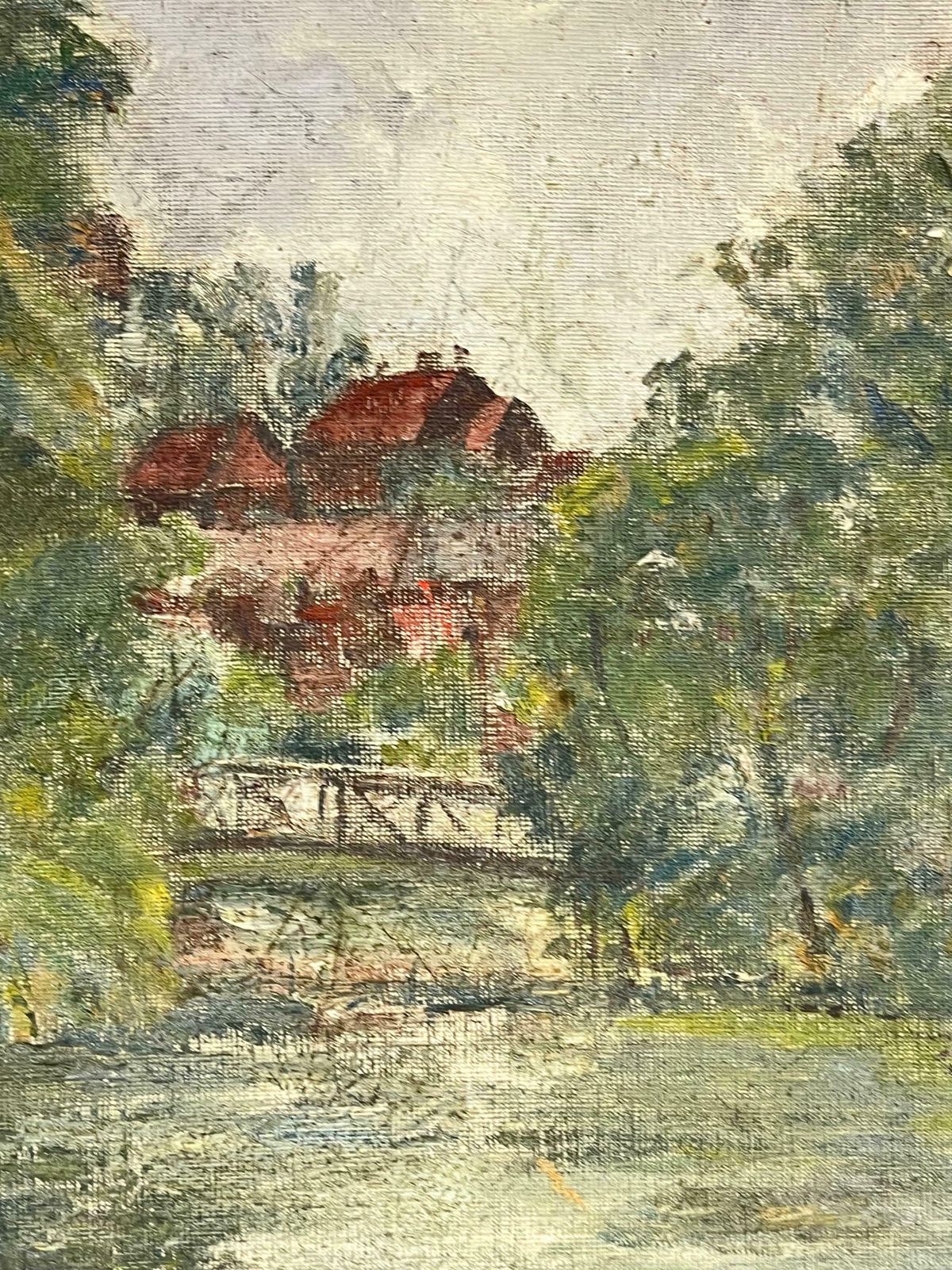 Simone Forgetranquil River Scene With Bridge And Village In The Distance French Oil Painting19th Century photo for sale