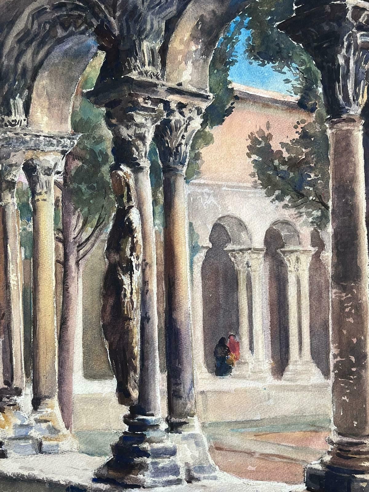 Jean Laforguemid 20th Century French Signed Painting Tall Stone Arch Corridors