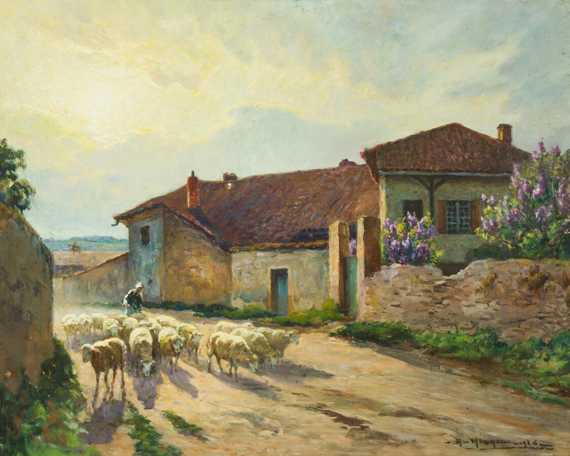 Claude Honoré Hugrel (1880 1944) Large Signed 1926 Gouache, French Shepherdess photo furniture