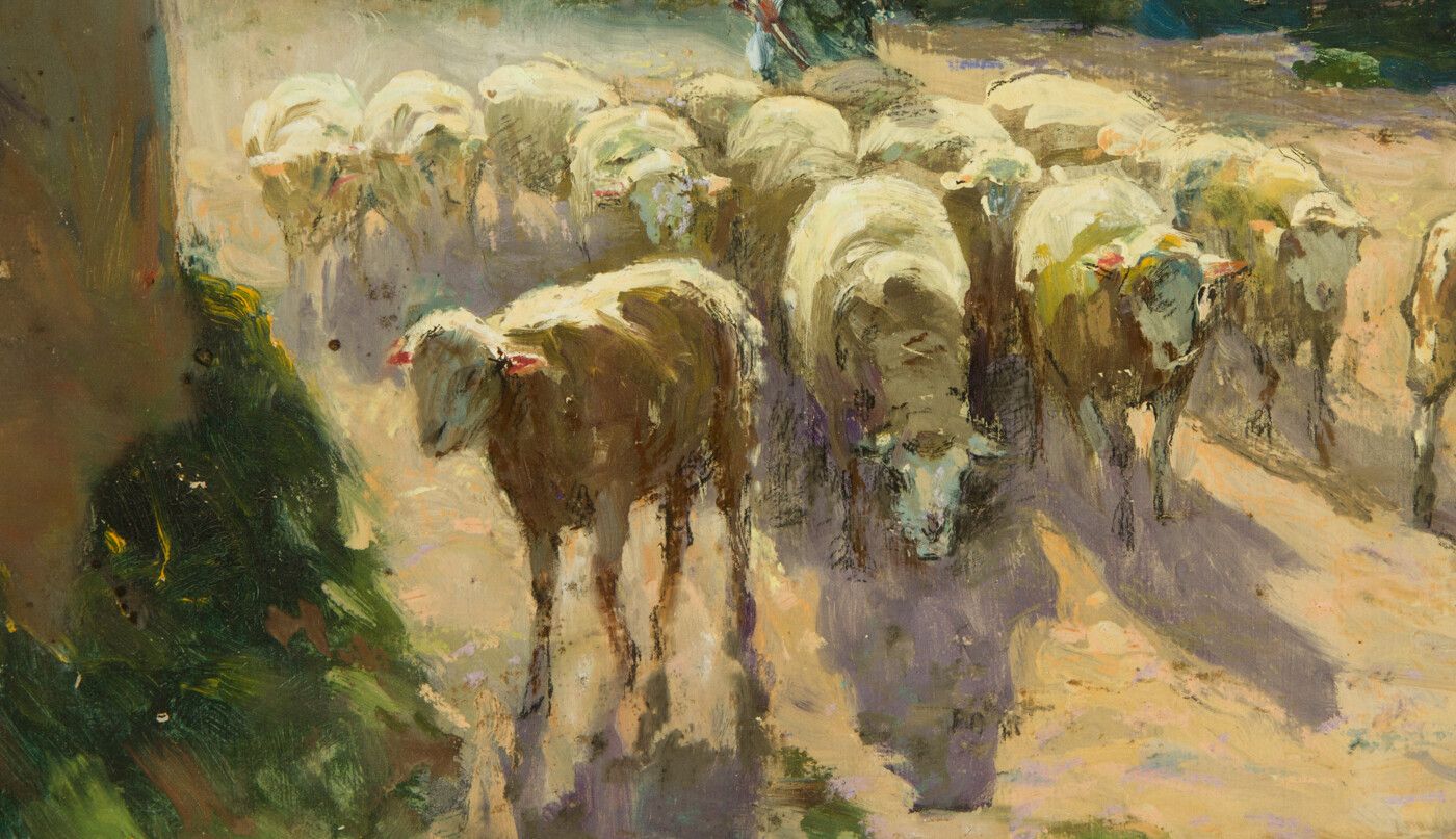 Claude Honoré Hugrel (1880 1944) Large Signed 1926 Gouache, French Shepherdess photo for sale