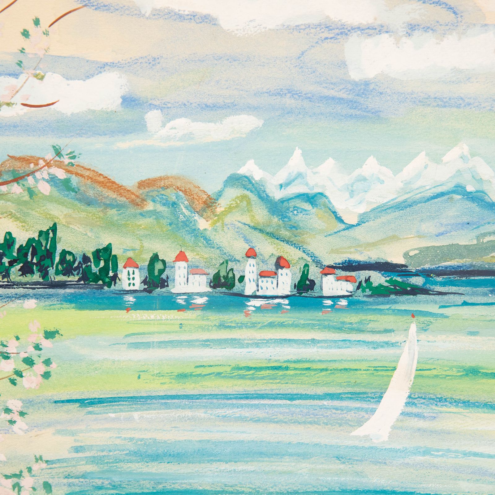 John Paddy Carstairs (1916 1970) Gouache, Lake Scene With White Sailing Boat photo Art