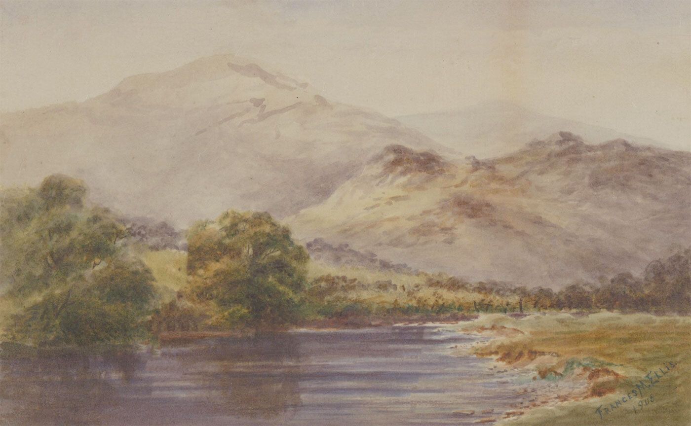 Frances M. Ellis Framed 1908 Watercolour, Highland Landscape With Lake photo furniture
