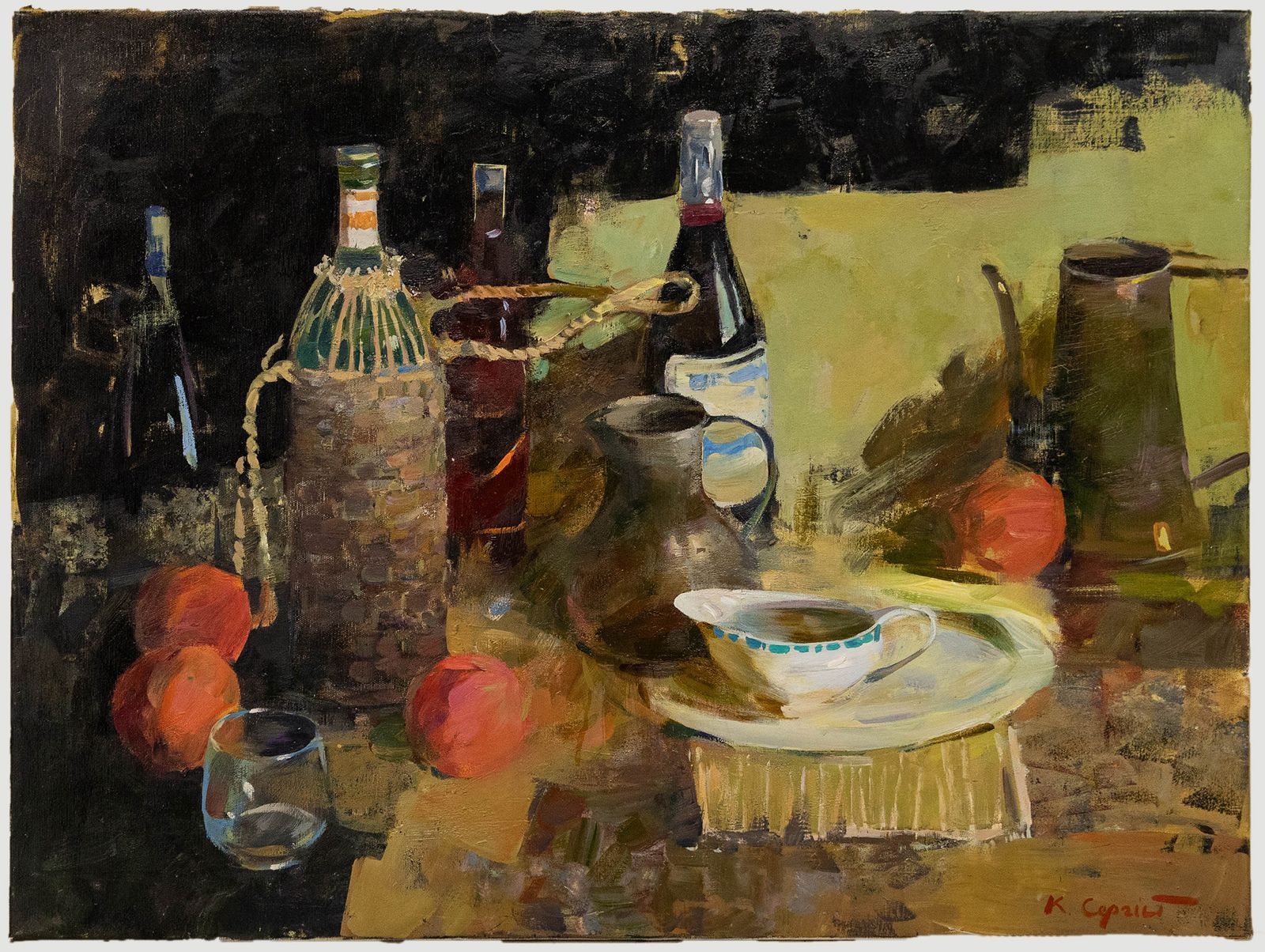Sergey Kovalenko (B.1980)  2020 Oil, Bottles And Fruit