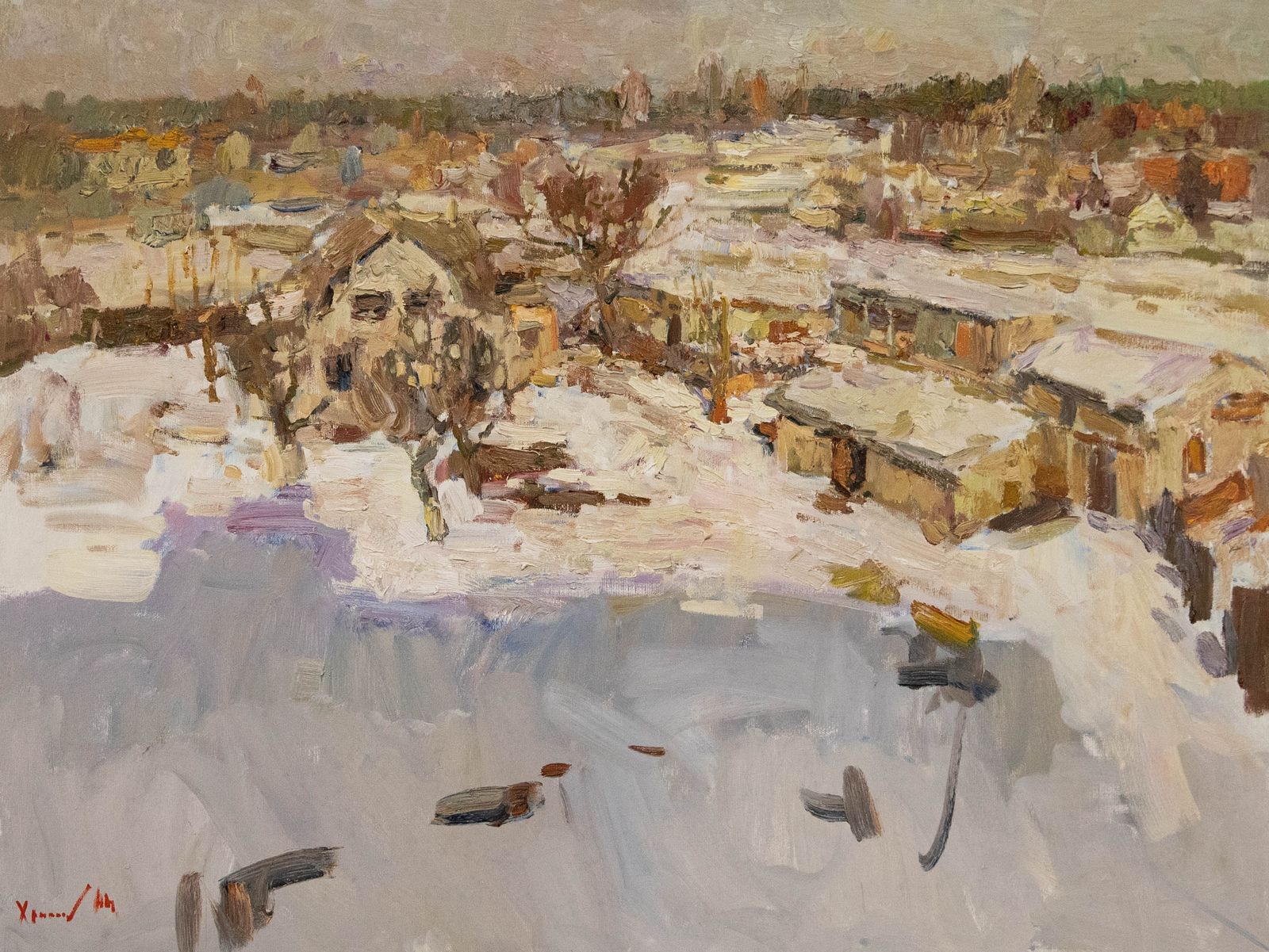 Oleksandr Khrapachov (B.1981) Contemporary Oil, Snow On The Lakeside Town photo furniture