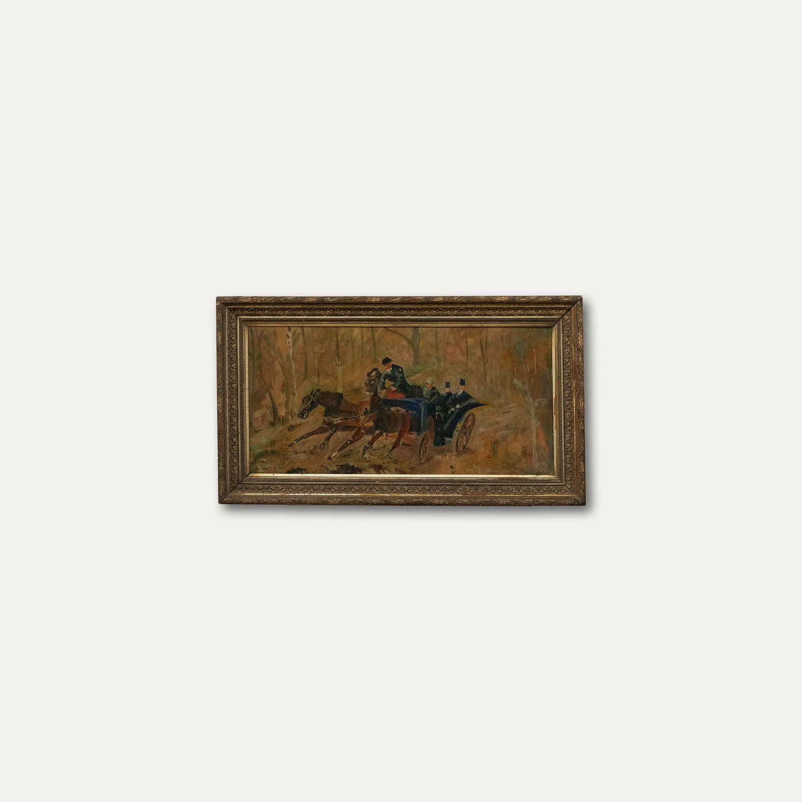 Framed Mid 20th Century Oil Gentlemen In A Horse Drawn Phaeton photo vinterior