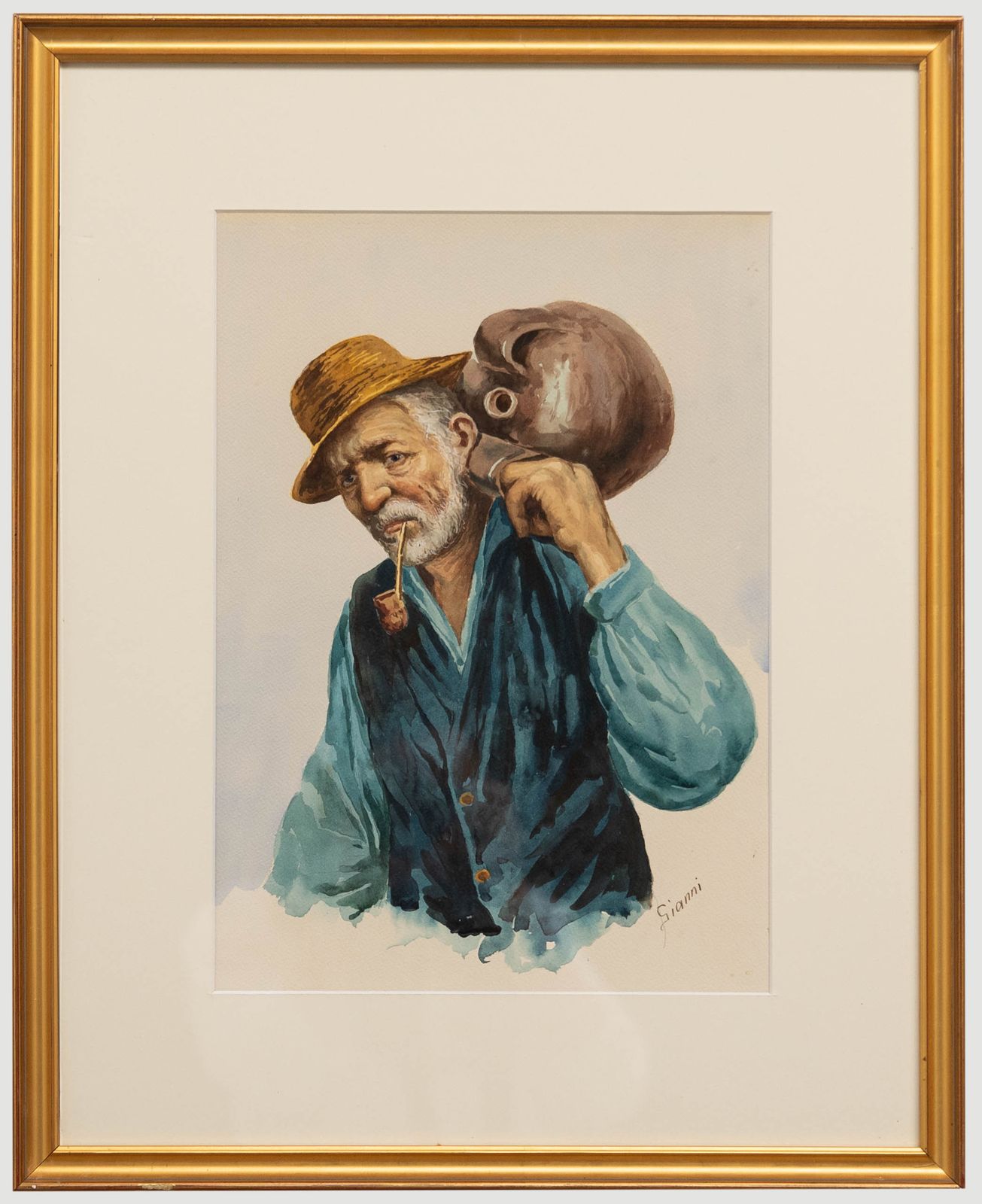 Gianni Italian School 20th Century Watercolour, Portrait Of A Man With Pipe