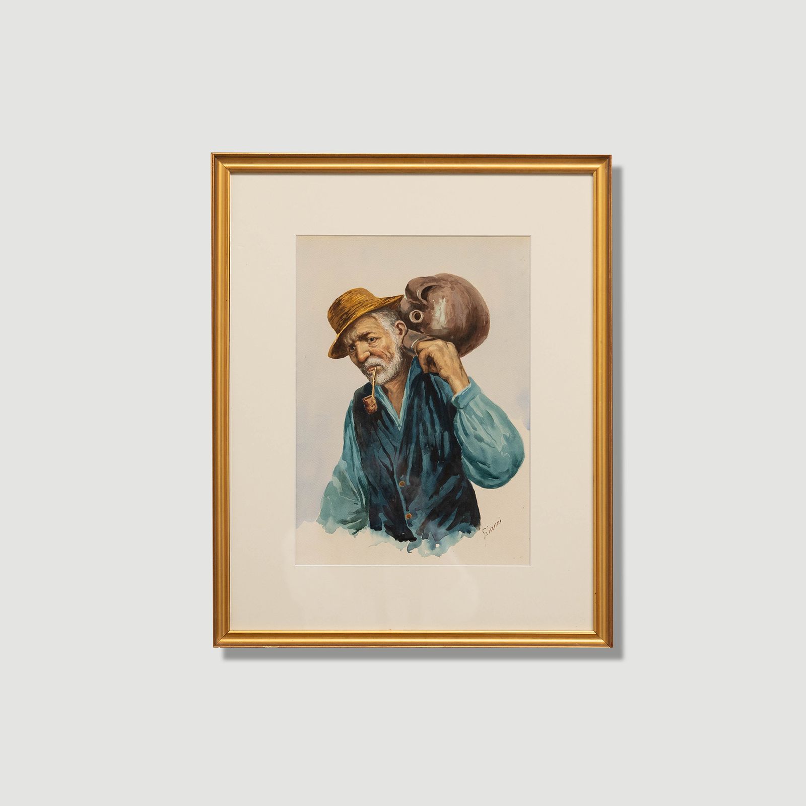Gianni Italian School 20th Century Watercolour, Portrait Of A Man With Pipe photo buy