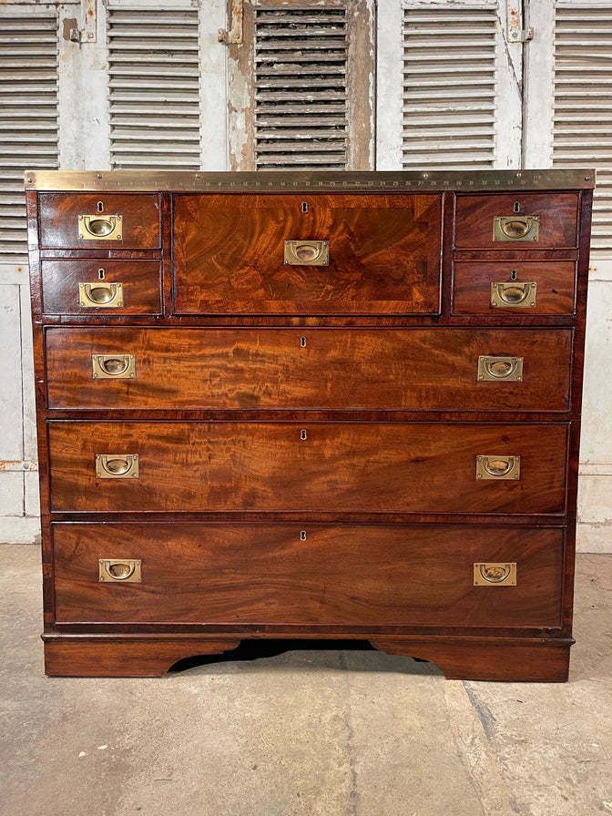 An Exceptional Georgian Gentleman’s Flame Mahogany Campaign Secretaire Chest Of Drawers Circa 1830