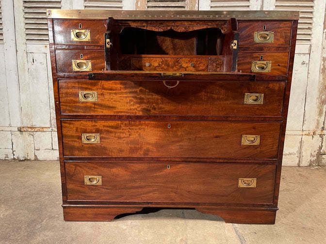 An Exceptional Georgian Gentleman’s Flame Mahogany Campaign Secretaire Chest Of Drawers Circa 1830 photo for sale