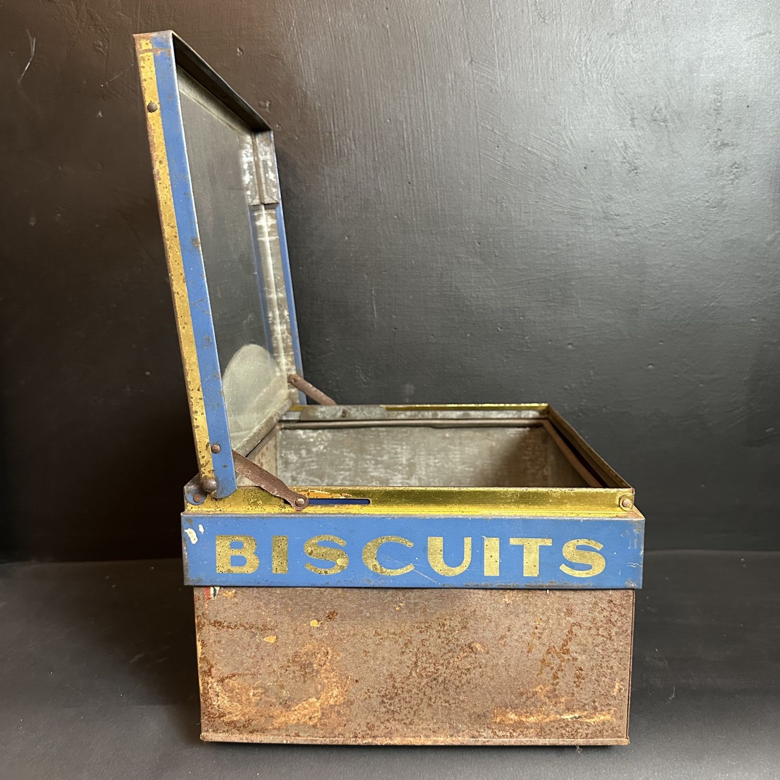 Home Decor “Damoisseau Montreau” Biscuit Shop Display Hinged Tin |French Antique|Original Glass photo