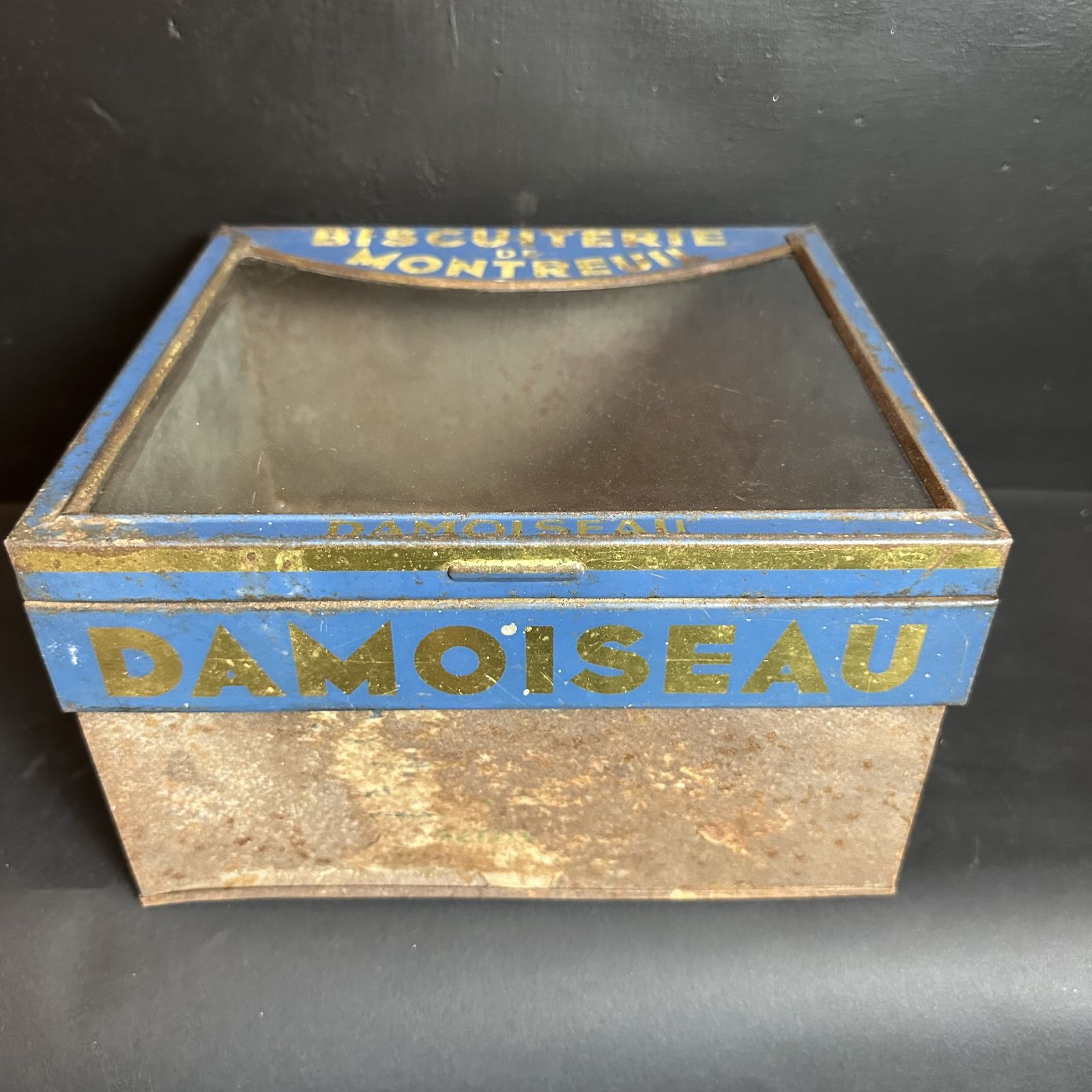 “Damoisseau Montreau” Biscuit Shop Display Hinged Tin |French Antique|Original Glass photo furniture