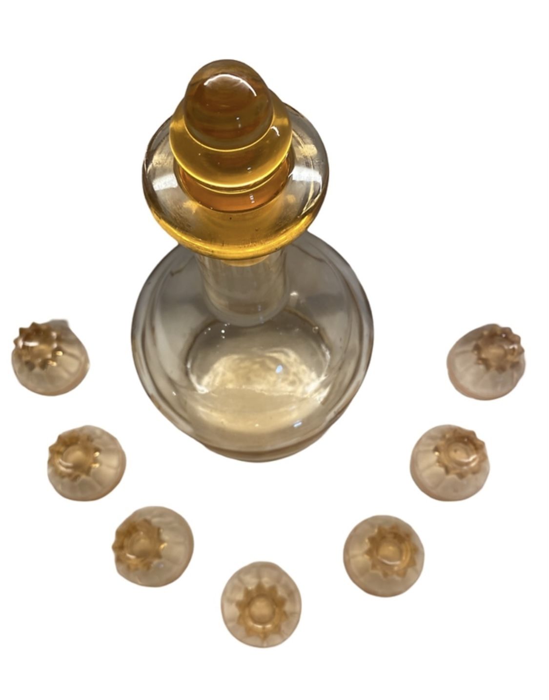 Beautiful Peach Art Deco Decanter And 7 Small Shot Glasses photo furniture