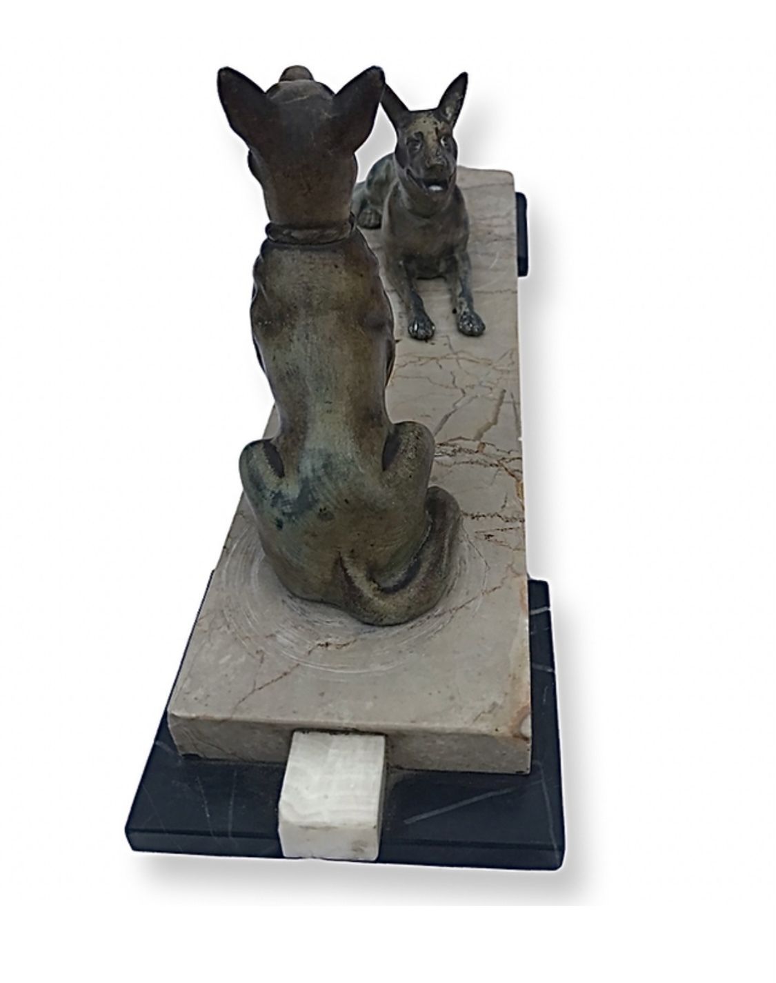 Gorgeous Art Deco Cold Painted Spelter Alsatians Seated On A Marble Base photo for sale
