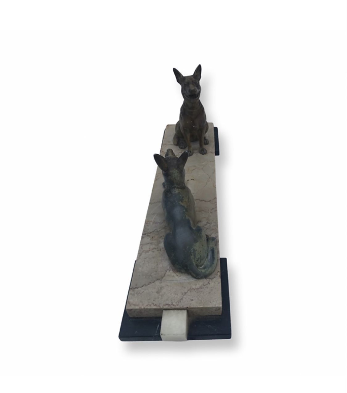 Gorgeous Art Deco Cold Painted Spelter Alsatians Seated On A Marble Base photo vintage