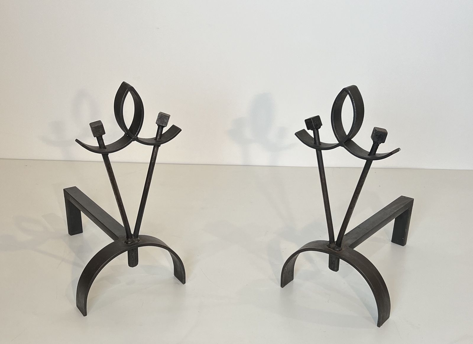 1450.0 Pair Of Modernist Wrought Iron Andirons photo