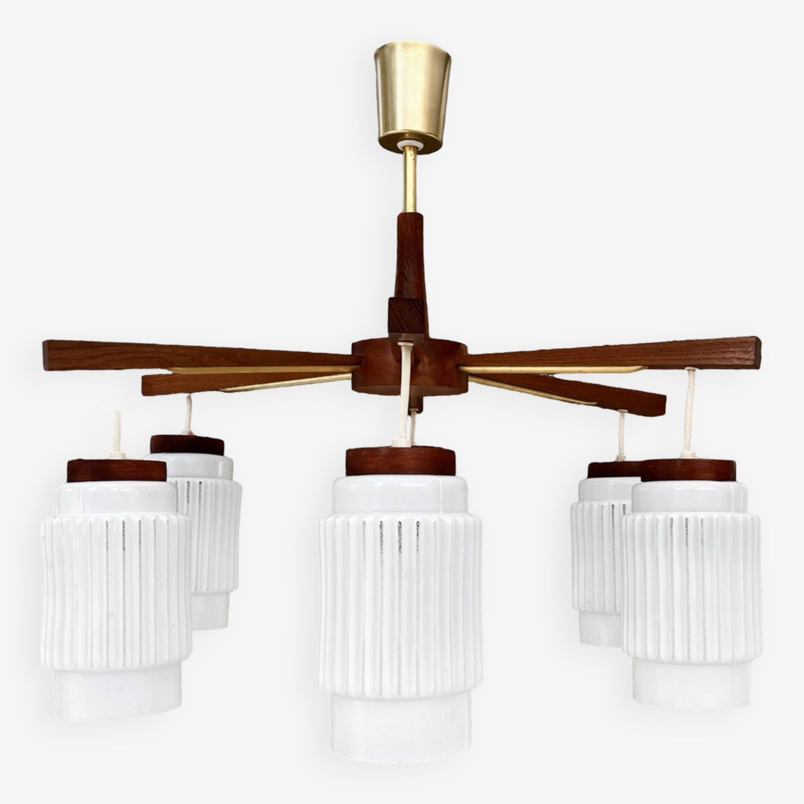 Scandinavian Six Arm Teak Wood Chandelier, Denmark, 1970s.