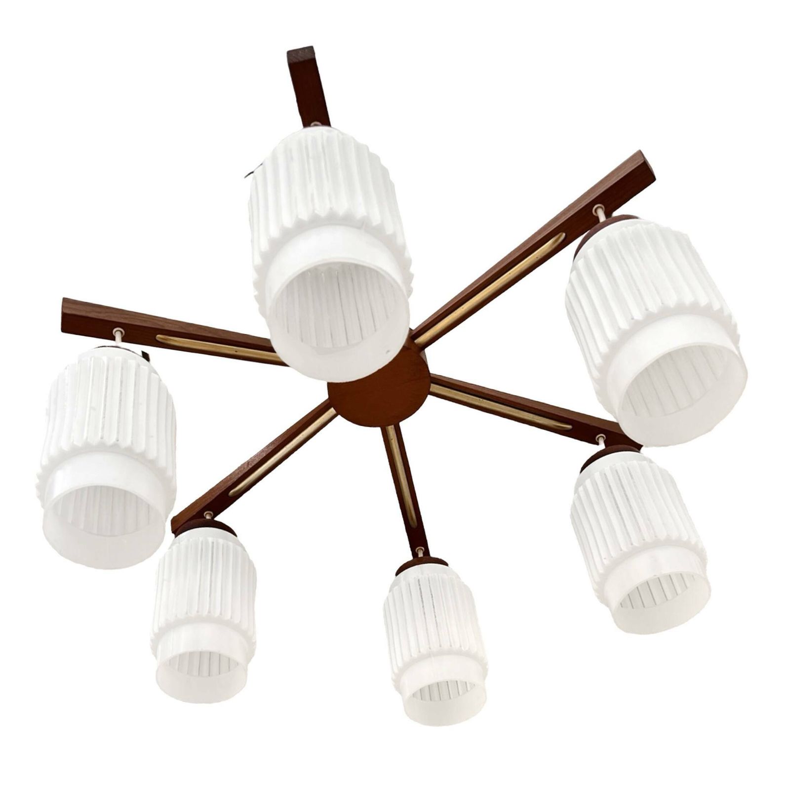 photo for sale Scandinavian Six Arm Teak Wood Chandelier, Denmark, 1970s.
