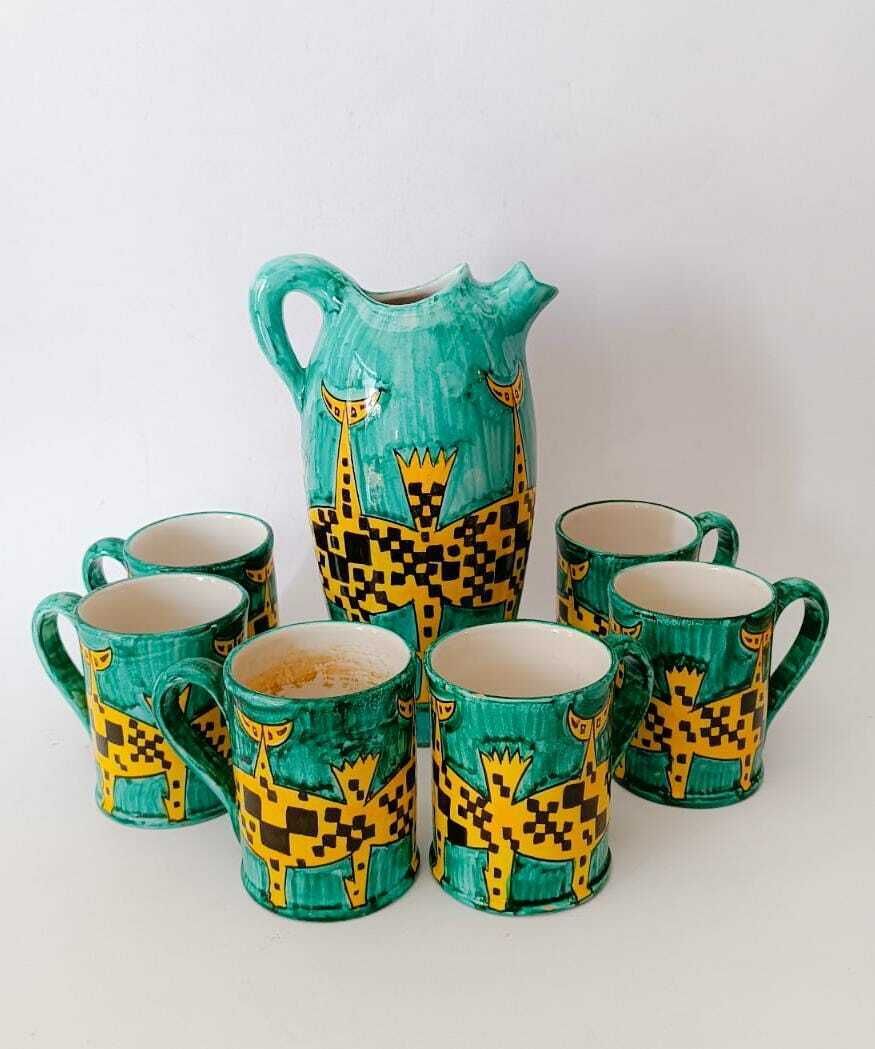 Rare Santucci Deruta Ceramic Drink Set 1 Jug 6 Cups Glasses Vintage Midcentury Modern Design