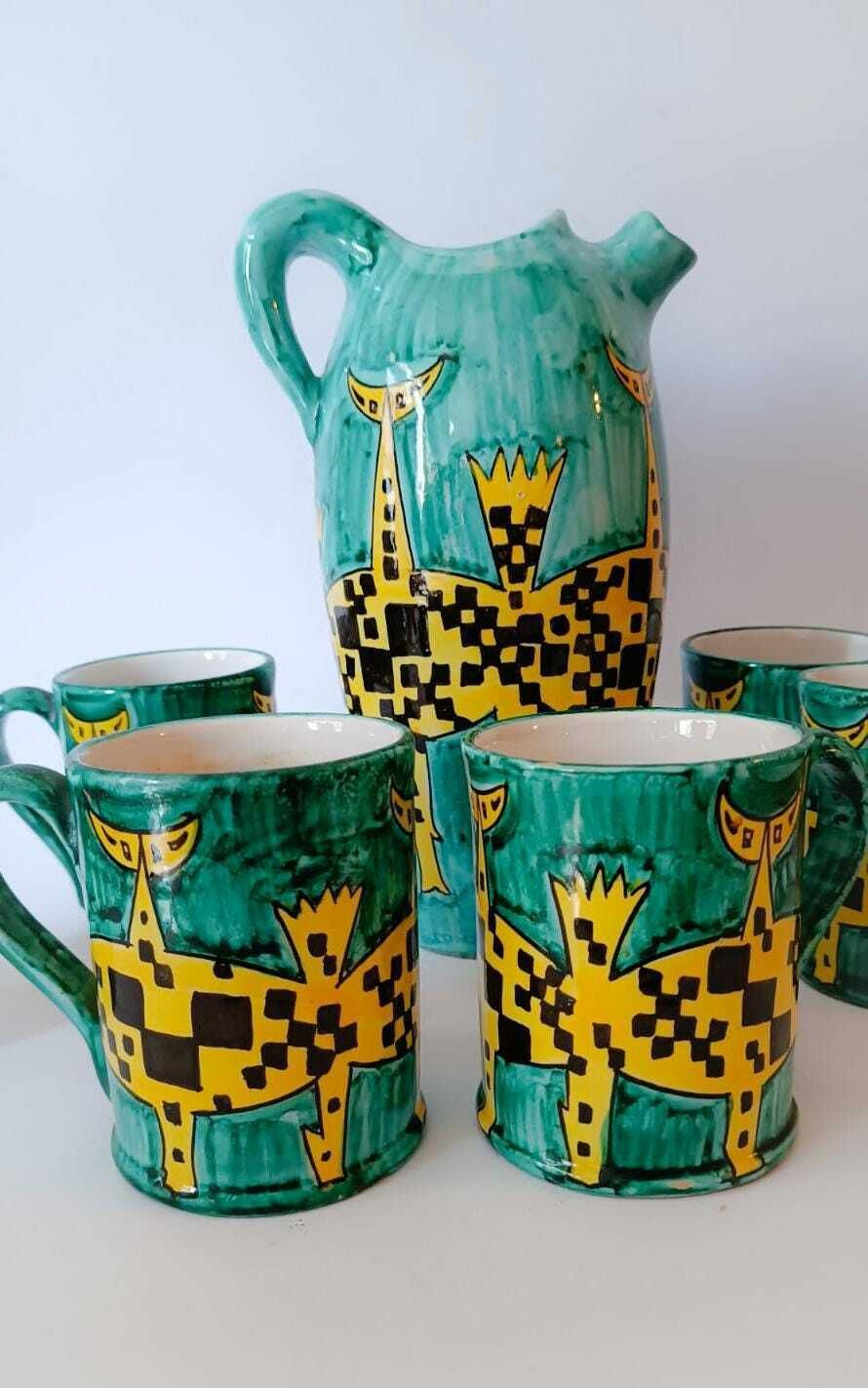 Rare Santucci Deruta Ceramic Drink Set 1 Jug 6 Cups Glasses Vintage Midcentury Modern Design photo for sale