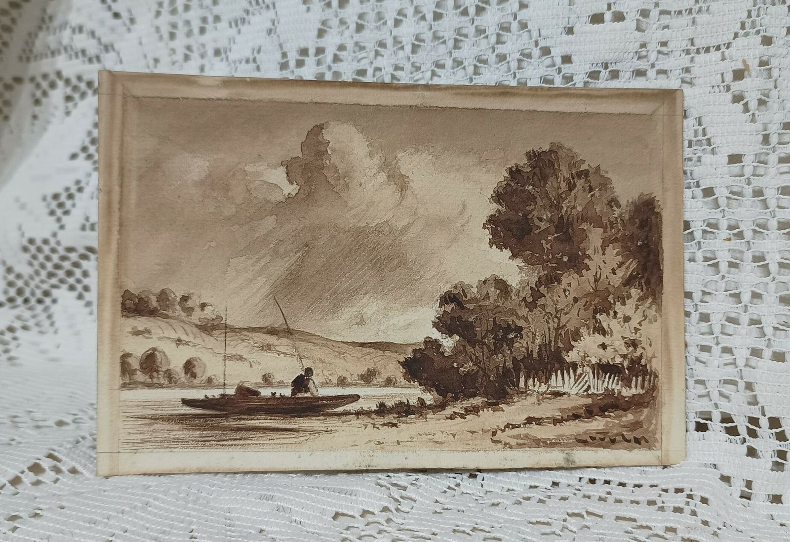 Unframed Original Watercolor Painting Men Fishing In Little Boat.