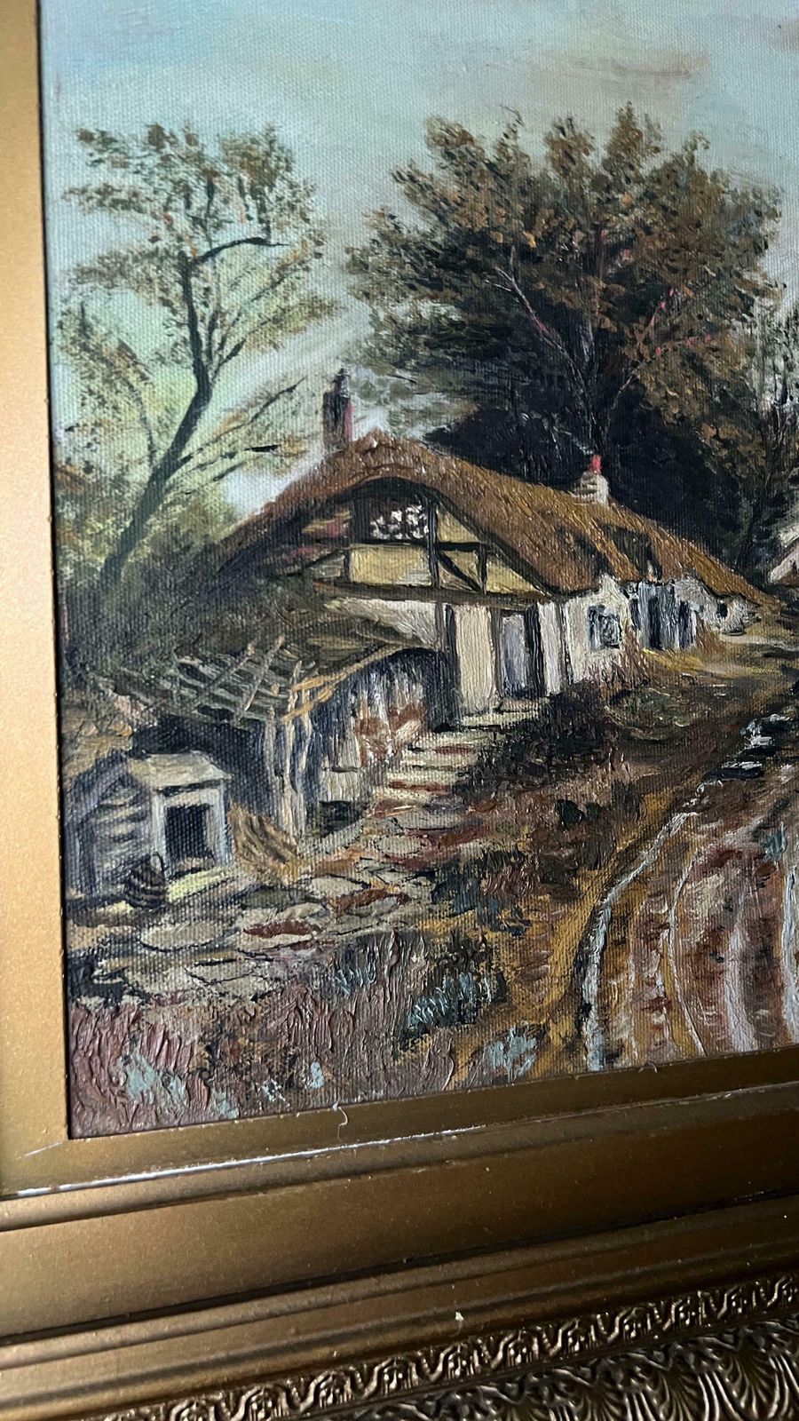 Large Original Antique Early 1900’s Oil Painting By K. S. Blacklock Depicting Cottages photo for sale