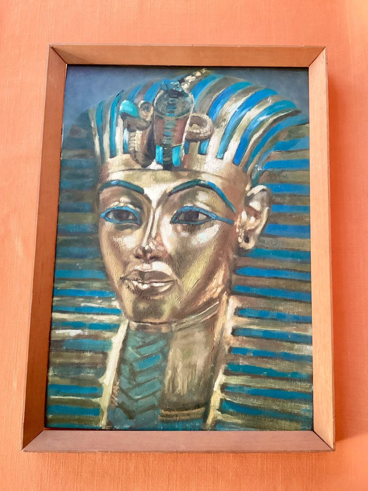 Olieverfchilderij van Toetanchamon door John Kemp, gedateerd 1972, olieverf op board, Oud-Egypte, kitsch jaren 1970