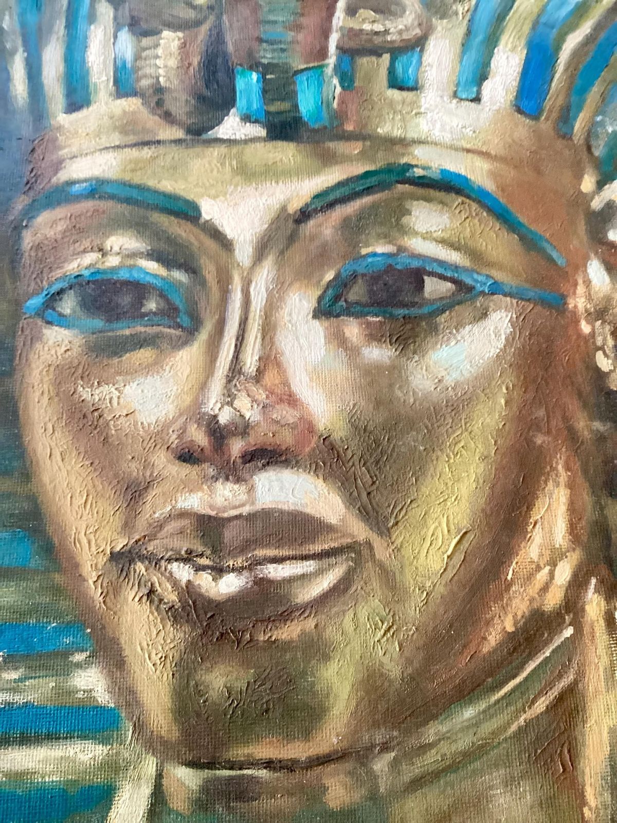 1970s Original Oil Painting Of Tutankhamen By John Kemp Dated 1972, Oil On Board Tutankhamen Painting, Ancient Egypt, Kitsch 1970s Artwork photo furniture