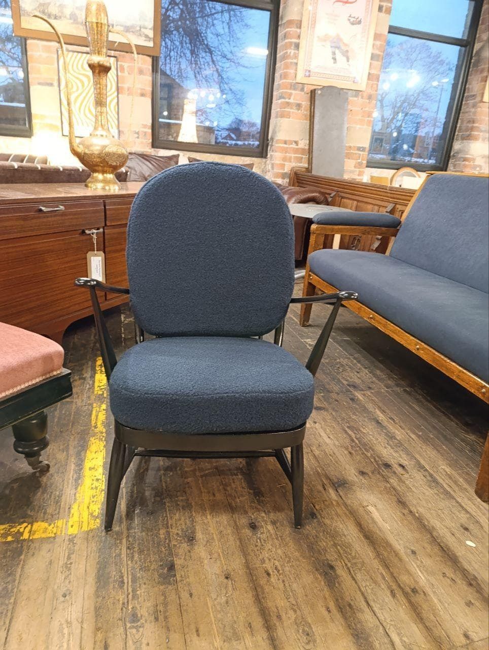 Early Mid Century Ercol Armchair In Newly Upholstered Blue Bouclé