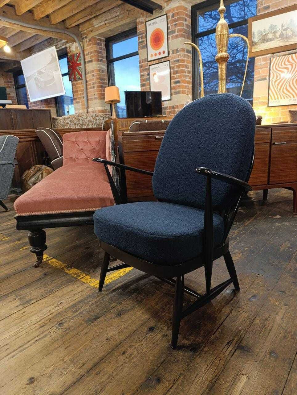 Early Mid Century Ercol Armchair In Newly Upholstered Blue Bouclé photo furniture