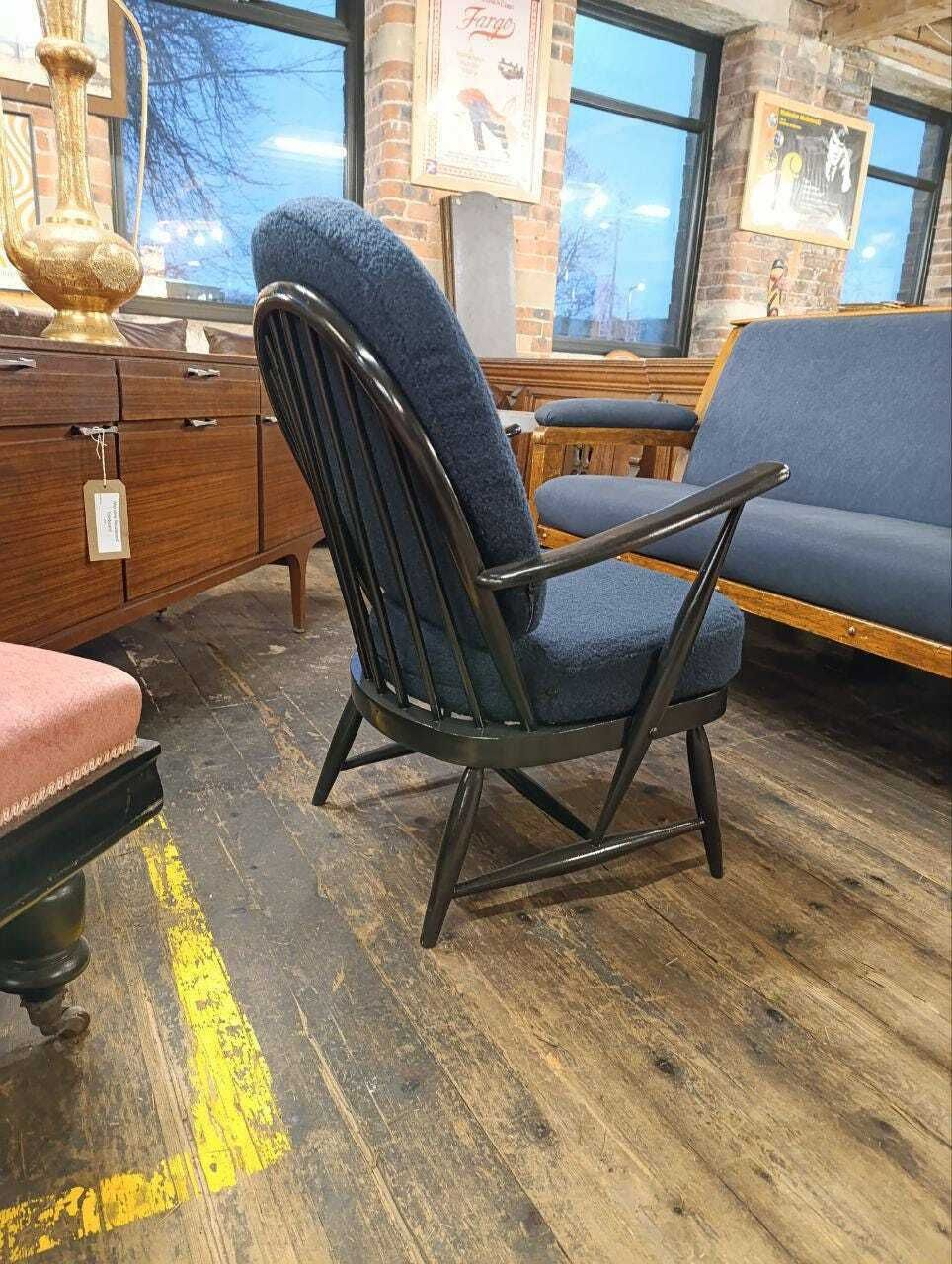 Early Mid Century Ercol Armchair In Newly Upholstered Blue Bouclé photo 595.0
