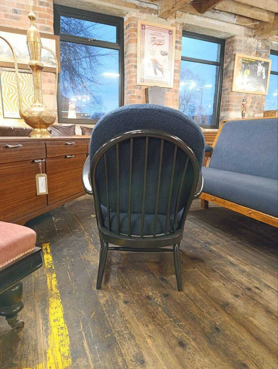 Early Mid Century Ercol Armchair In Newly Upholstered Blue Bouclé photo vinterior