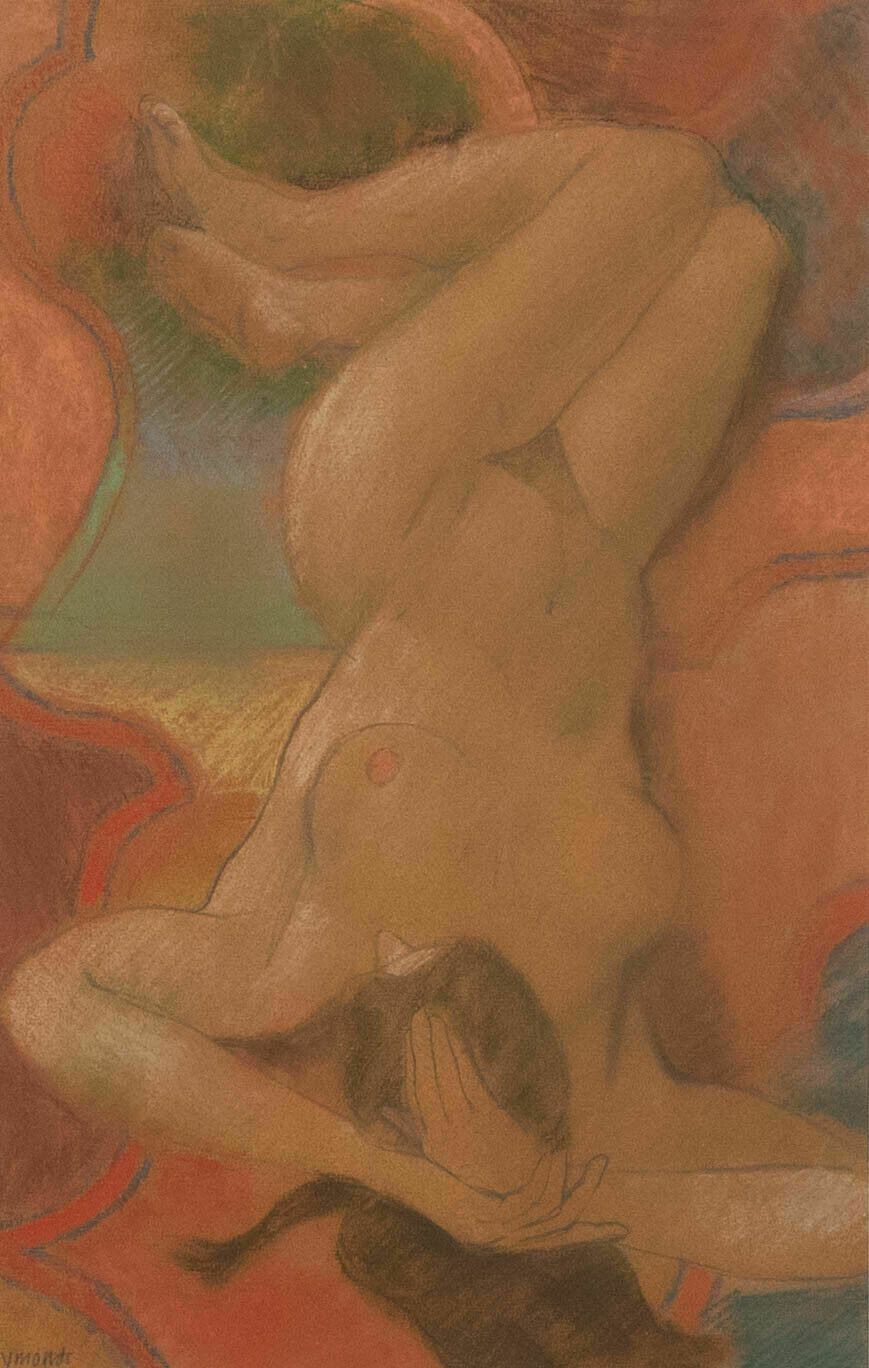 Ken Symonds (1927 2010)   Framed 20th Century Pastel, Nude On Patterned Rug photo furniture