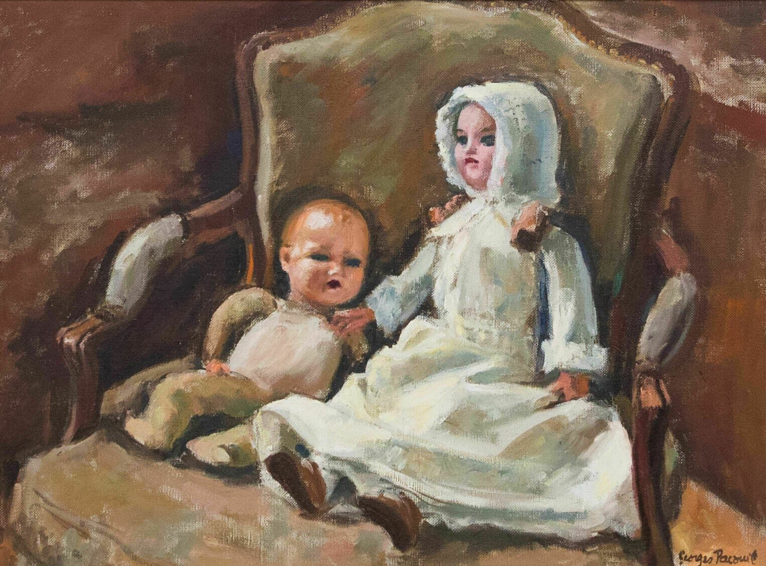 Georges Pacouil (1903 1996)   Framed Mid 20th Century Oil, Dolls In An Armchair photo furniture