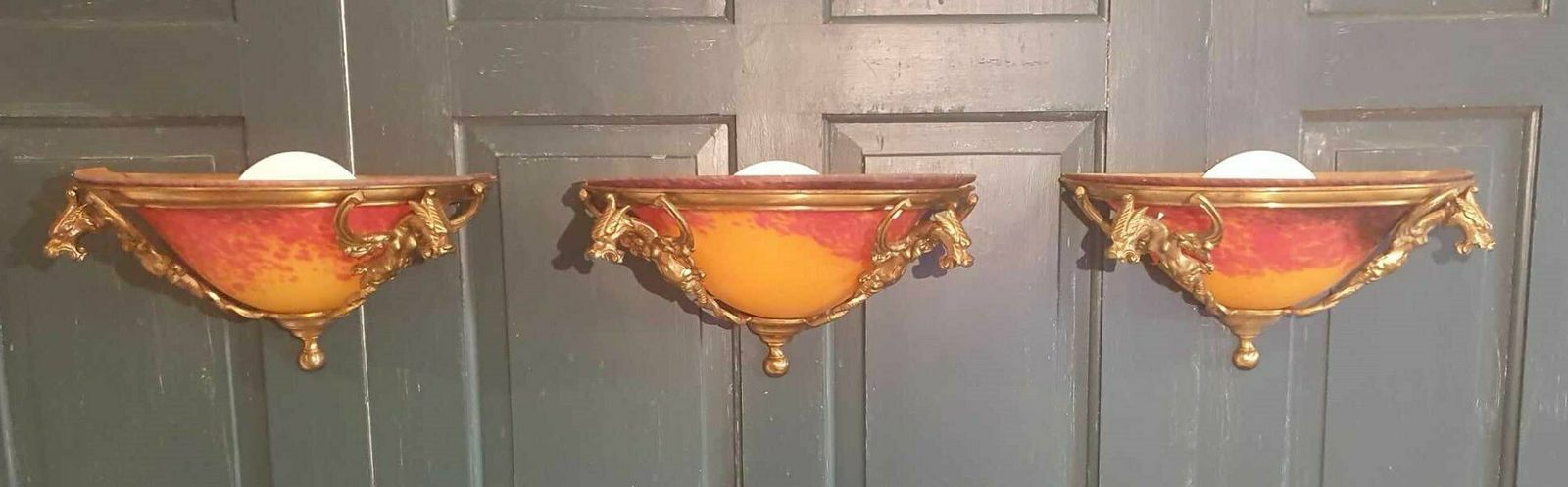 Set Of Three French Art Deco Brass Wall Lights With Mottled Glass photo for sale