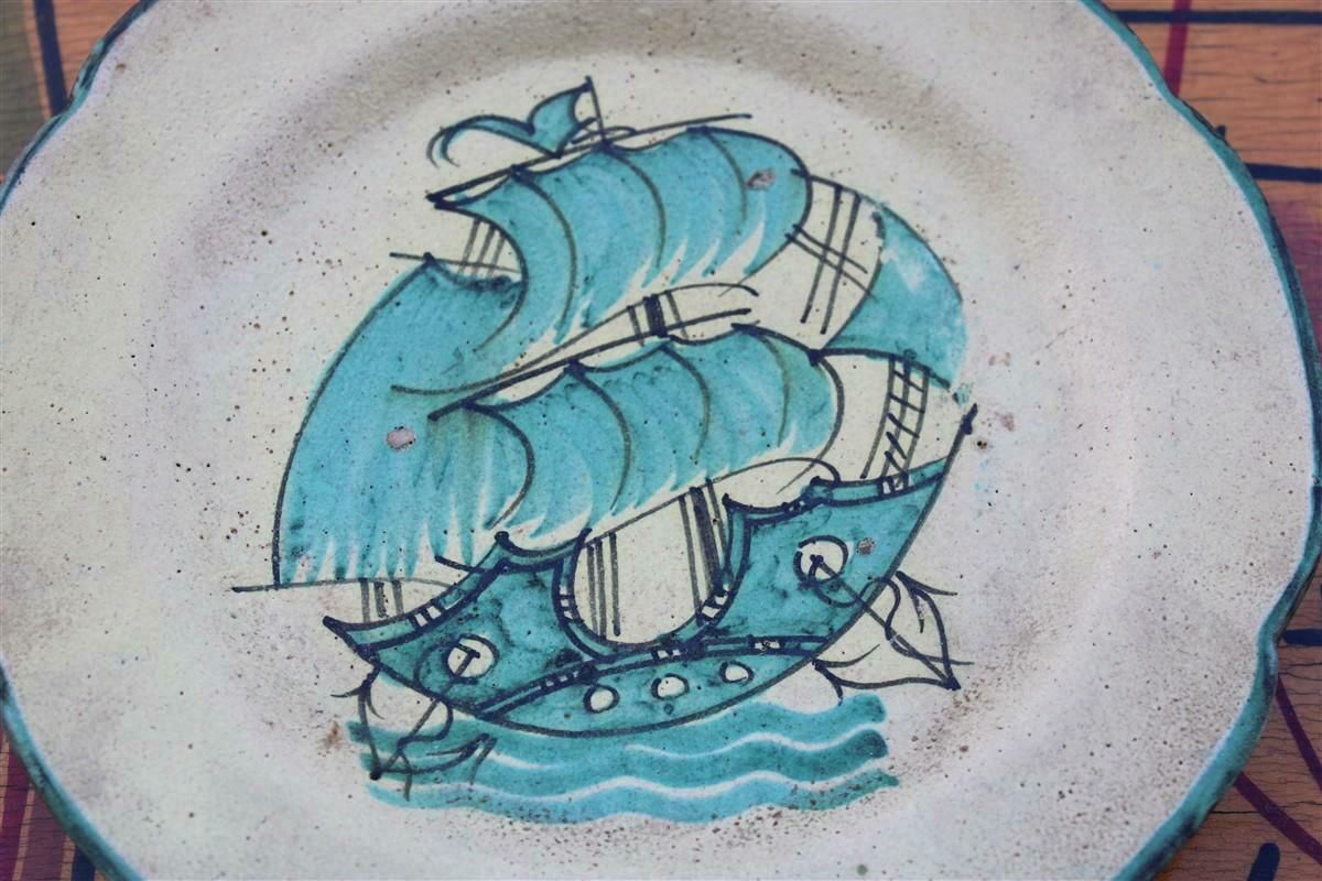 Round Plate By Avallone Vietri With Central Decoration 1950s With Sailing Ship photo for sale