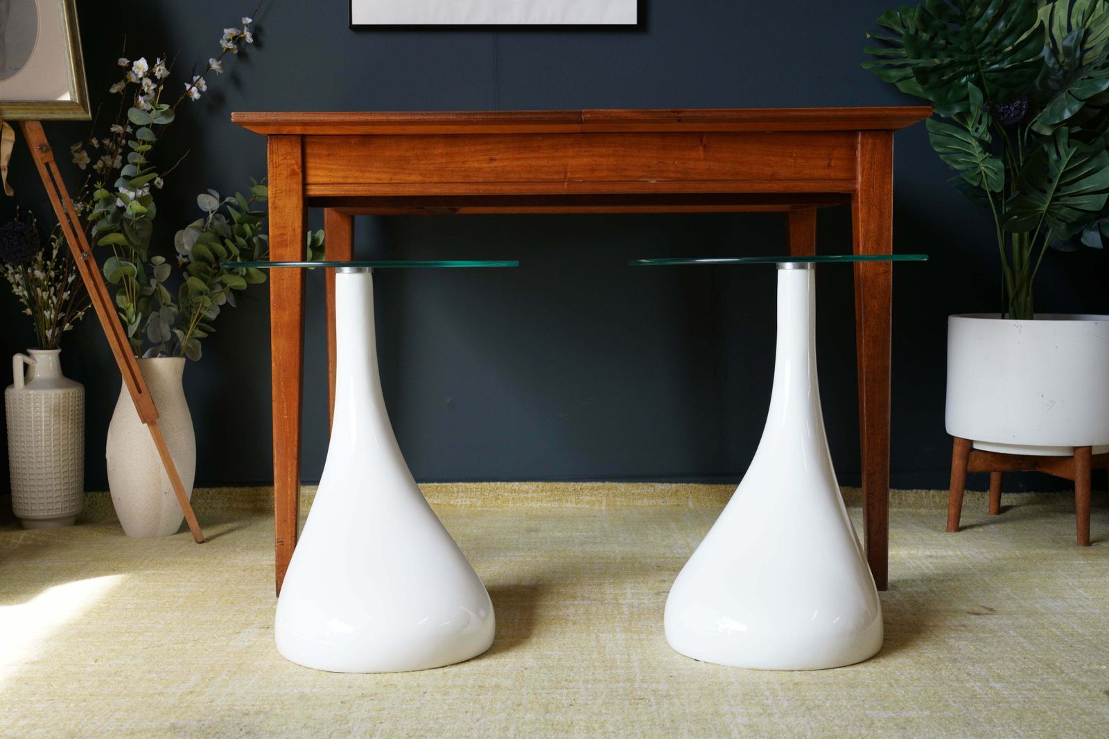 Mid Century Style Side Tables Night Stand Pap Art Style White And Glass