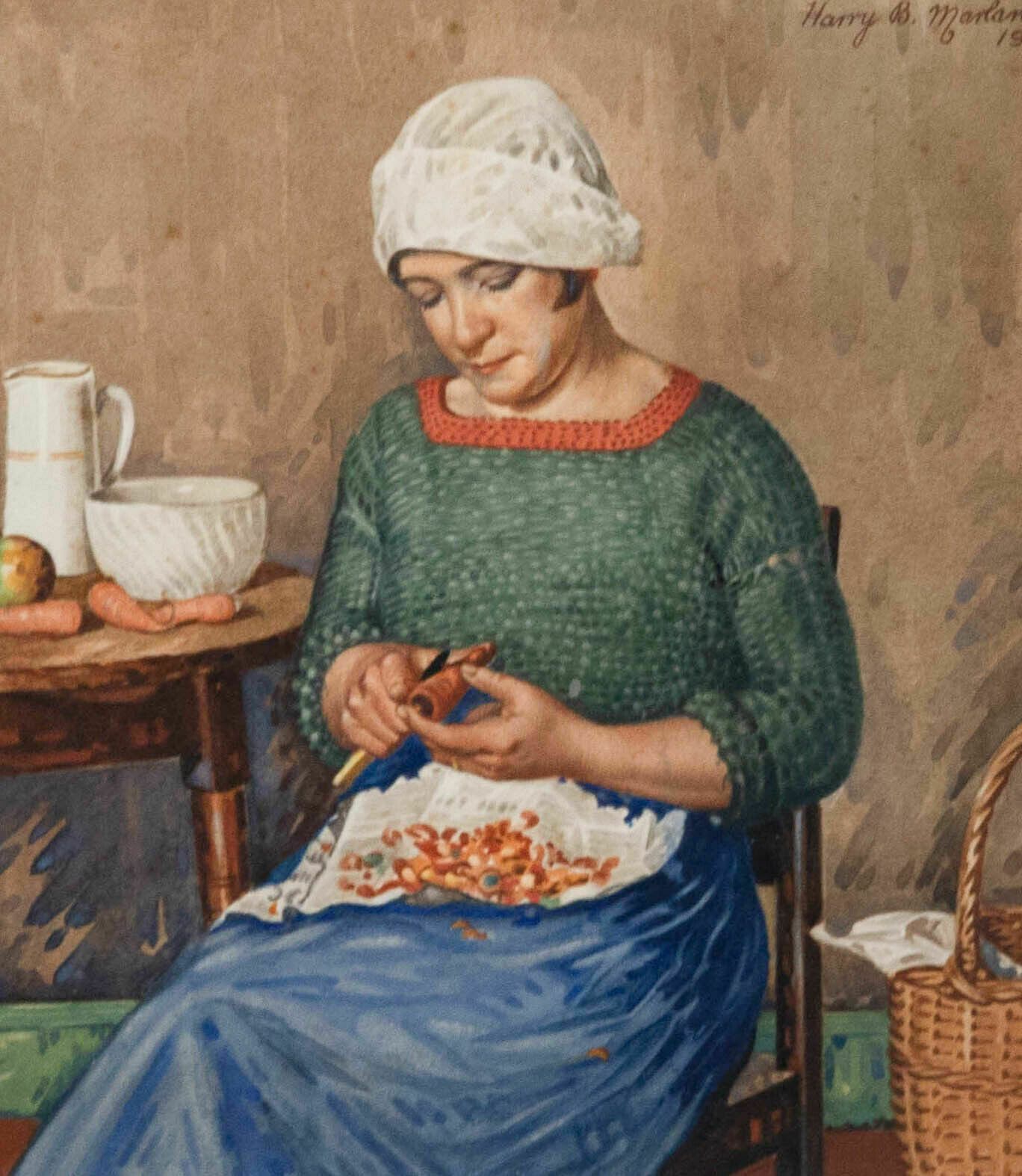 Harry B. Marland   Framed Early 20th Century Watercolour, Peeling Carrots photo furniture