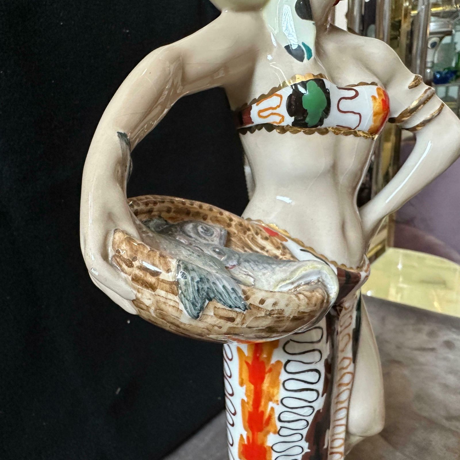1950s Mid Century Modern Ceramic Italian Figure Of A Woman With Fishes photo vinterior