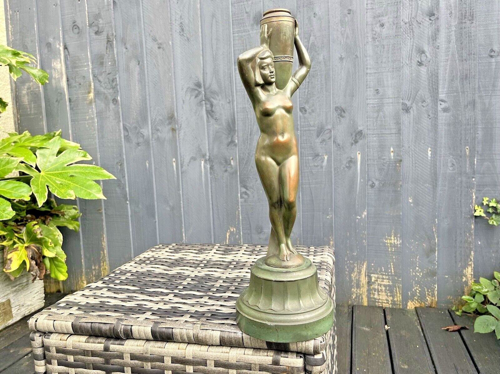 Lighting Original Antique Art Deco 30's French Bronze Spelter Nude Lady Maiden Lamp Base photo