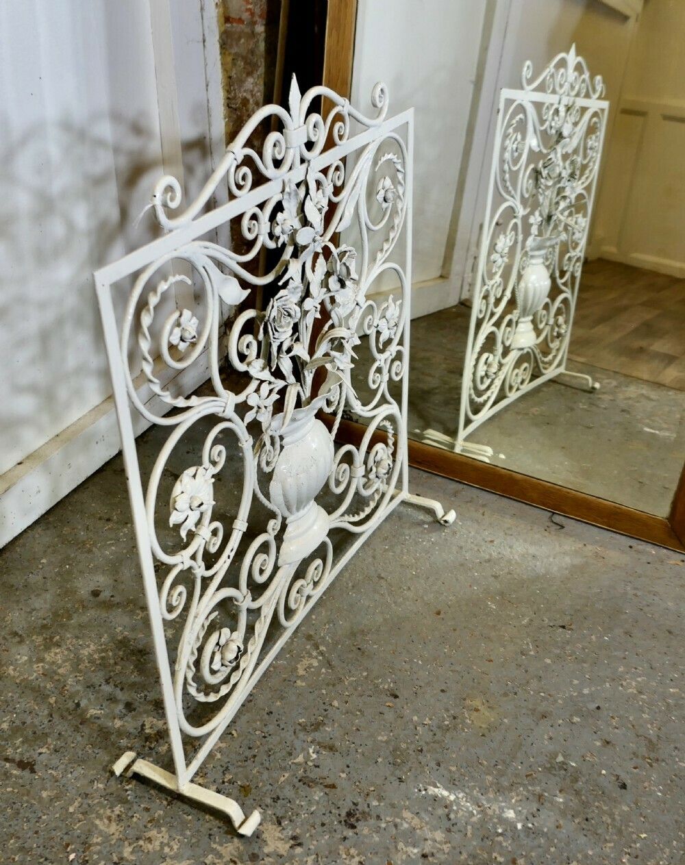 White Wrought Iron And Toleware Fire Screen Decorated With Flowers photo vintage