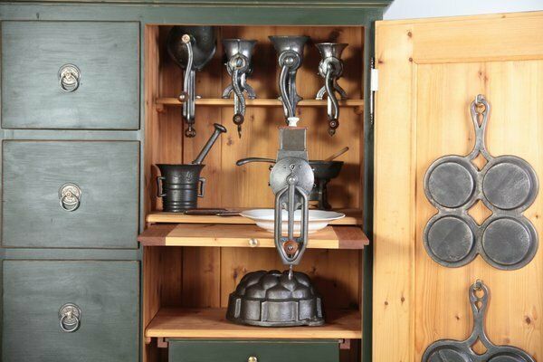 Folk Kitchen Pantry Cabinet And Chair, Bohemia, 1890s, Set Of 18 photo for sale