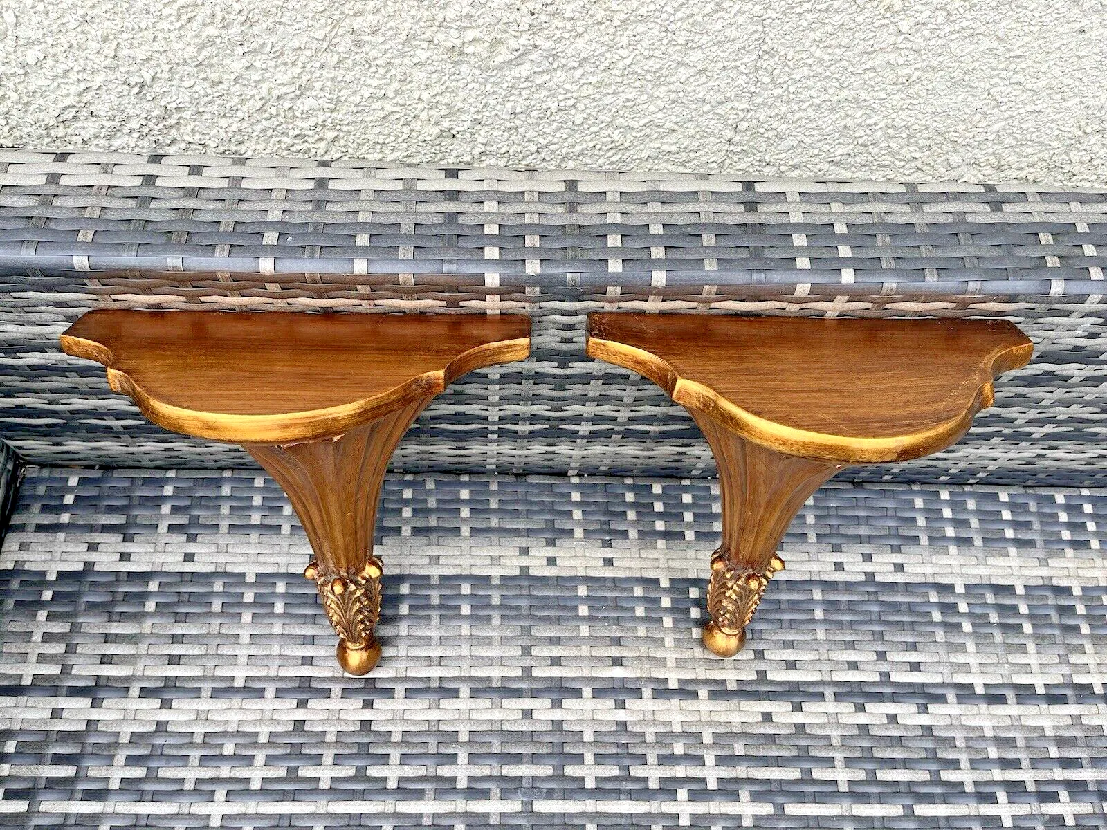 Pair Of Ornate Acanthus Leaf Cold Paint Gilt Rococo Baroque Vintage Wall Shelves photo Furniture