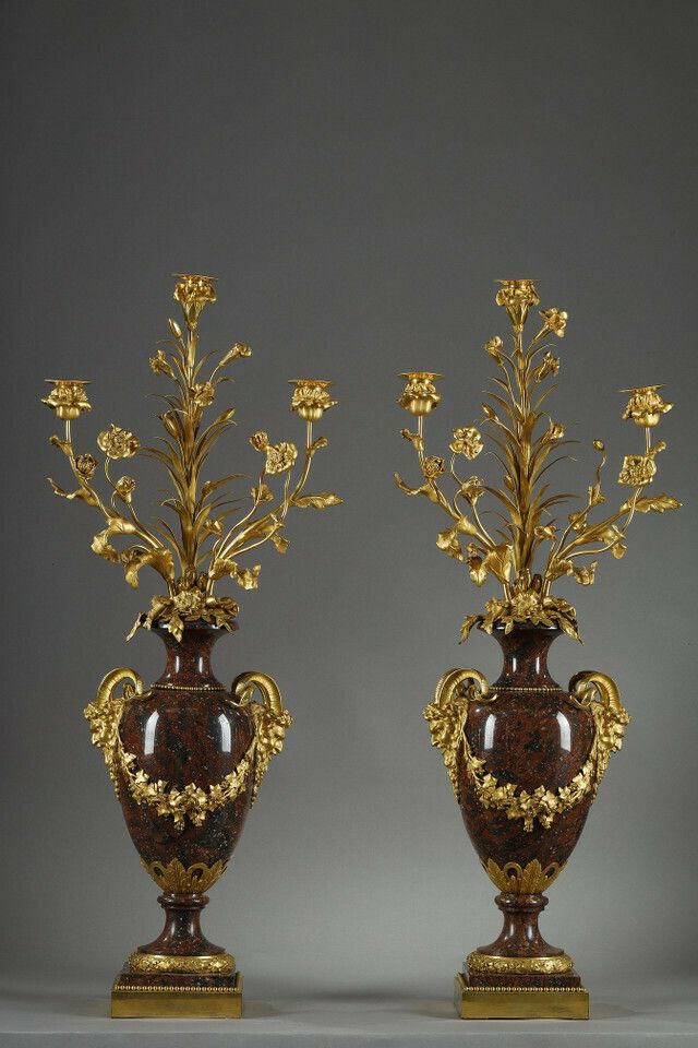 Pair Of Louis XVI Style Candelabra In Griotte Red Marble And Gilt Bronze photo furniture
