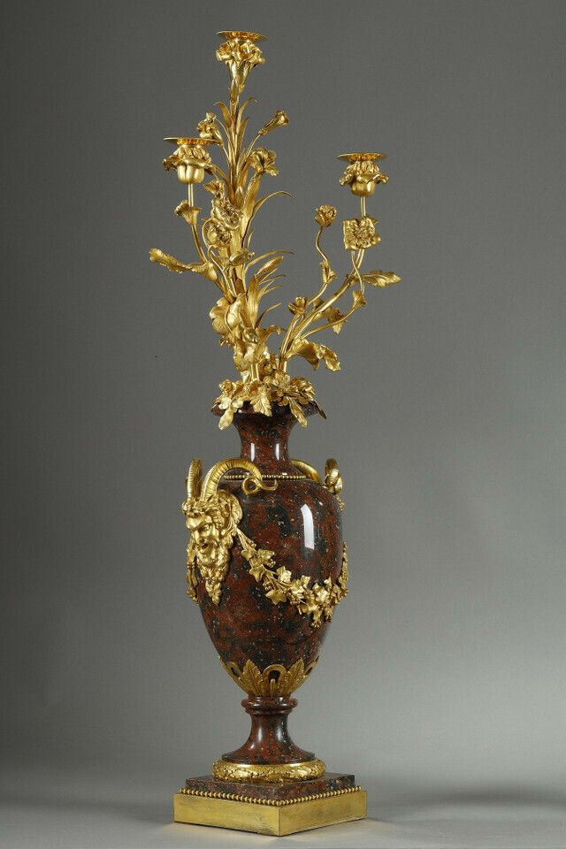 Pair Of Louis XVI Style Candelabra In Griotte Red Marble And Gilt Bronze photo vinterior